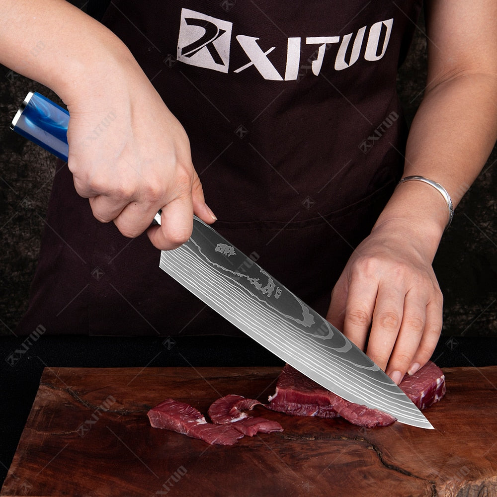 Kitchen Knife Set Japanese Chef Knives 7CR17 Stainless Steel Damascus Laser Slicing