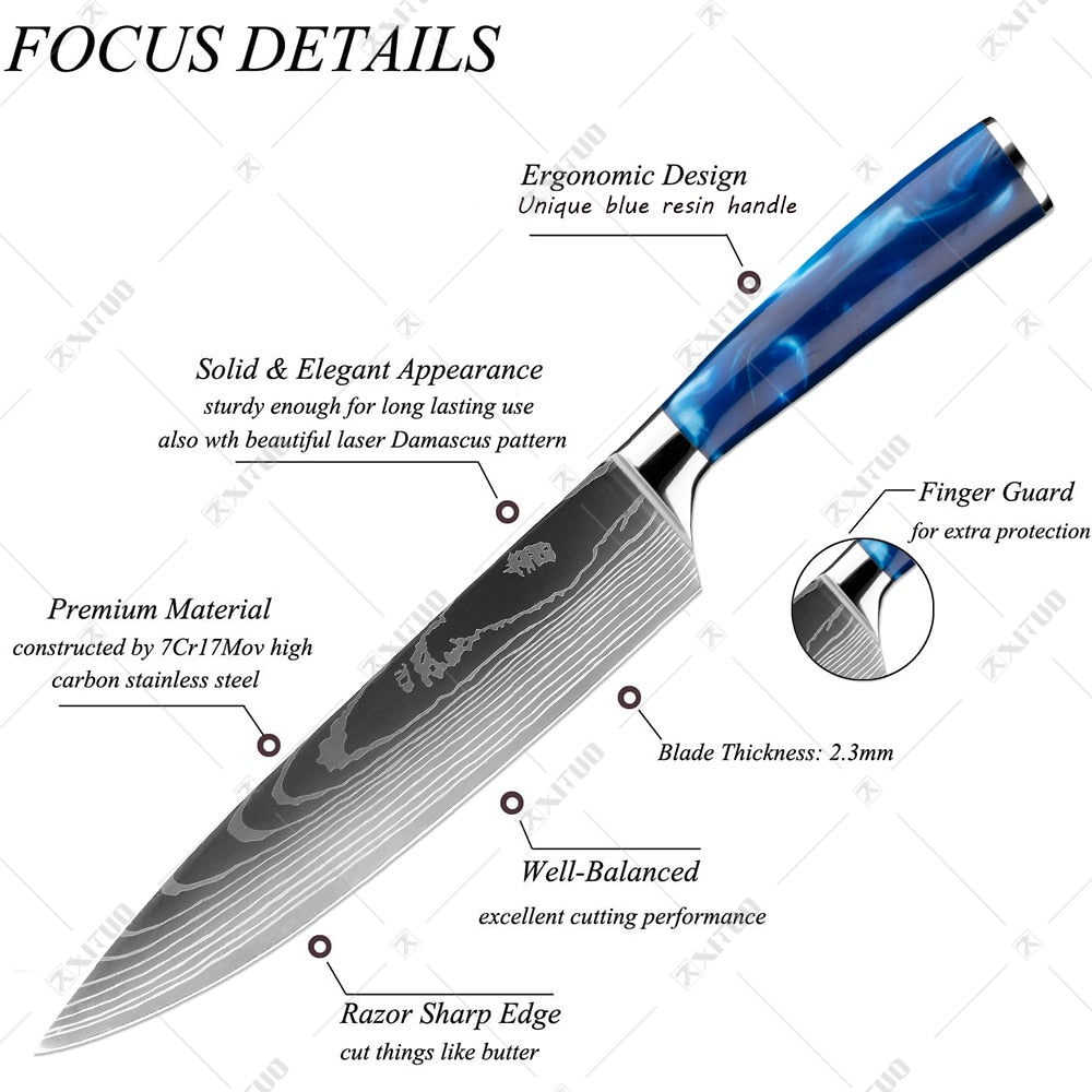 Kitchen Knife Set Japanese Chef Knives 7CR17 Stainless Steel Damascus Laser Slicing
