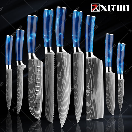 Kitchen Knife Set Japanese Chef Knives 7CR17 Stainless Steel Damascus Laser Slicing