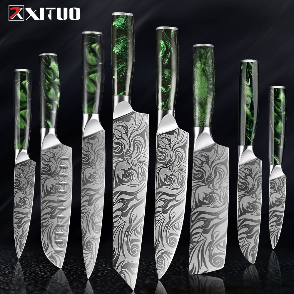 Kitchen Knife Set Japanese Chef Knives 7CR17 Stainless Steel Damascus Laser Slicing